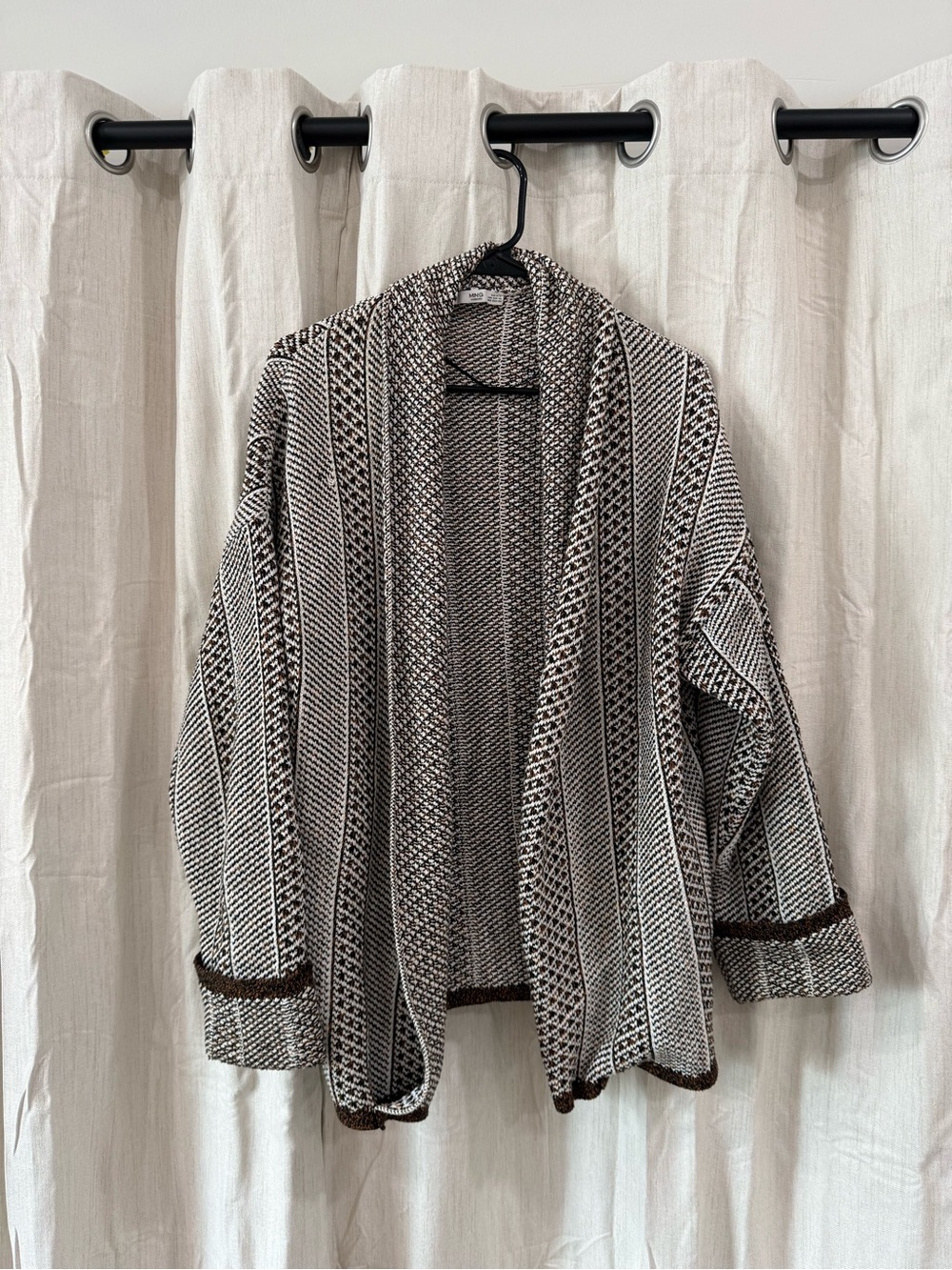 Mango Black and Cream Woven Open-Front Cardigan